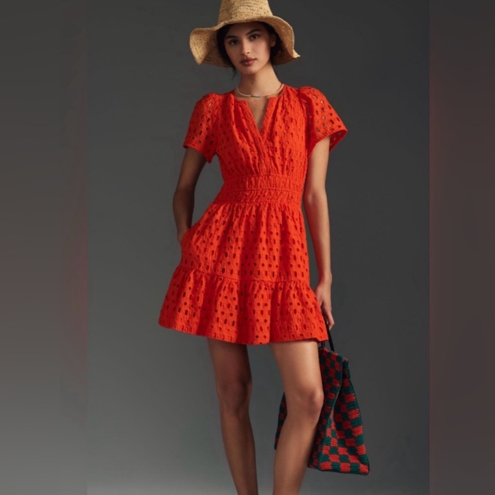 Anthropologie Bright Orange Eyelet Mini Dress